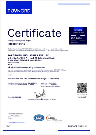 Forgewell Industries ISO 9001:2015 Certificate by TUV NORD